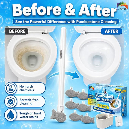 Pumice Stone for Toilet Bowl Cleaning, 8-in-1 Toilet Cleaning Kit with 6 Replaceable Fish Heads, 17" Extra Long Handle, Wall Mount Holder, Removes Hard Water Stains, Mineral Deposits & Rust Rings