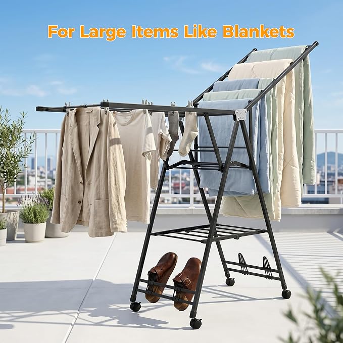 Clothes Rack, 2-Tier Drying Hanger, for 20 Pieces+, Foldable and Space Saving, Portable, Indoor or Outdoor Use, Solid Metal Clotheshorse, Nice for Mum, Gray(1.7 m Wing Length)
