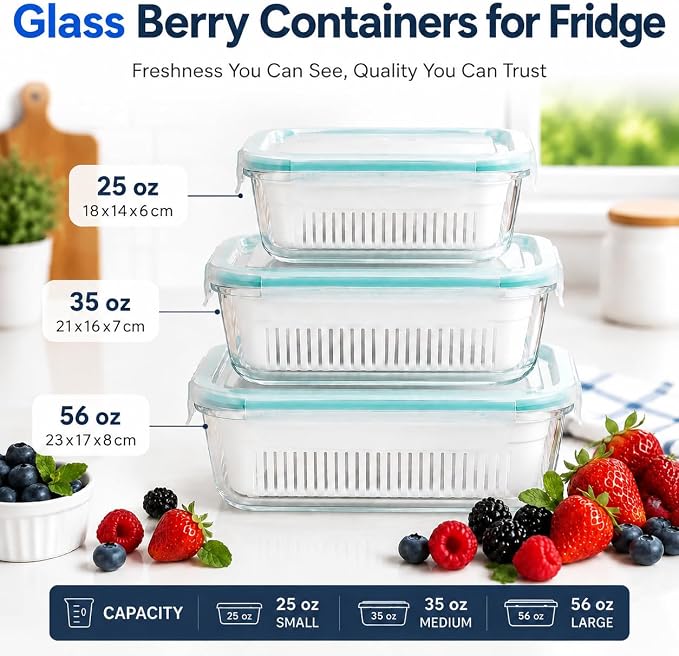 Glass Berry Container for Fridge, 3 Pack, 56oz 35oz 25oz, with Removable Colander and Vent Valve, Fresh Produce Storage Set