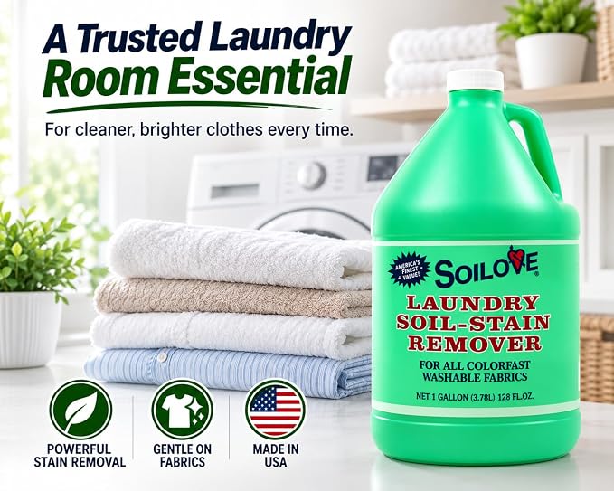Soilove Stain Remover for Clothes, 128 oz Triple-Acting Laundry Prewash, Clings, Penetrates & Lifts Tough Stains Including Blood, Grease, Grass, Food, Coffee & Wine