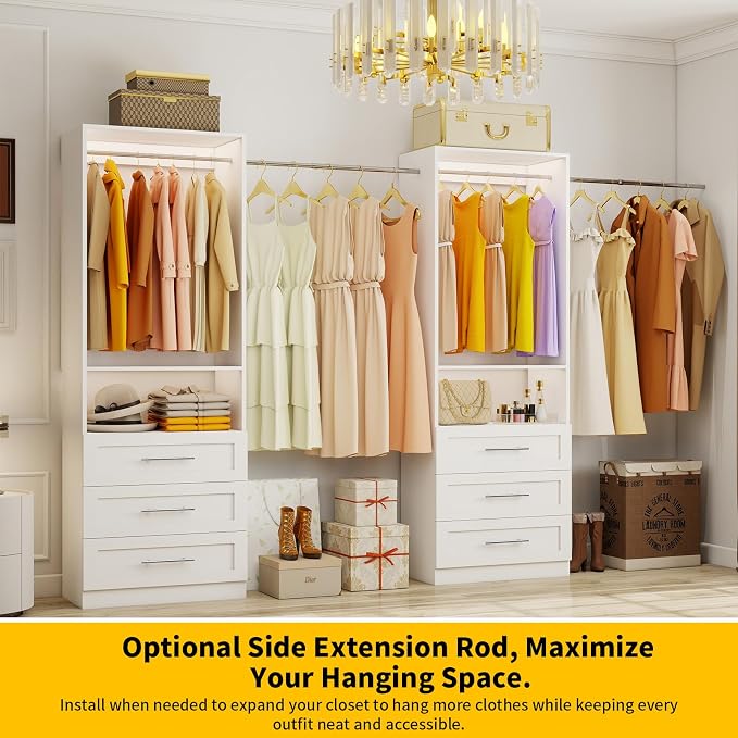 Closet System with 6 Drawers, 4FT-10FT Closet Organizer System, Closet Systems for Walk in Closets with 4 Hanging Rods & 2 Shelves, Modular Custom Closet Organizer Storage System, 2 Sets, White