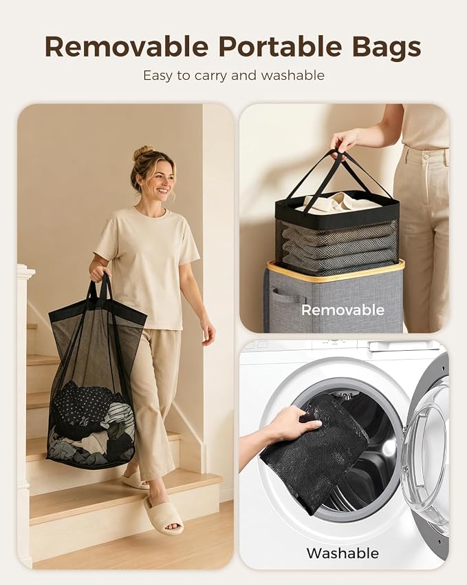 100L Laundry Hamper with Lid, Tall Dirty Clothes Hamper, Grey | Elegant bamboo appearance, Foot Loop, Removable Bag Easy to Lift and Carry, Bathroom, Bedroom, Laundry Room, Dorm