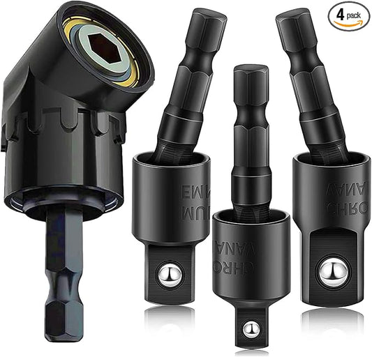CIGOTU Right Angle Drill Adaptor,4-in-1 Impact Drill Bit Extension,360° Rotatable 1/4 3/8 1/2" Impact Grade Socket Adapter Set,105 Degree Angle Screwdriver Drill Bit for Household Workplace Industry
