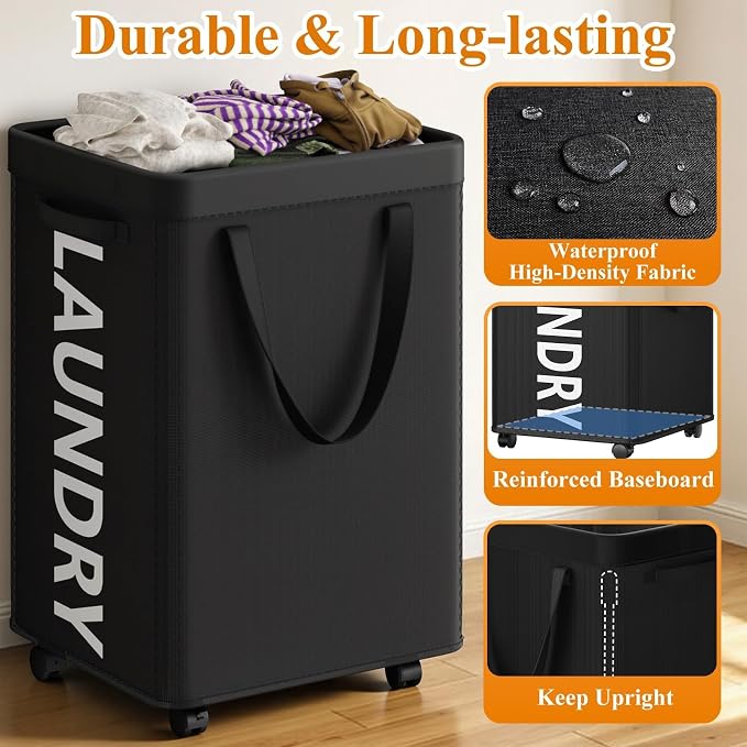 Optish Laundry Basket with Wheels, 90L Rolling Laundry Hamper with Wheels, Large Clothes Hamper on Wheel with Removable Mesh Bag for Bedroom, Dorm Room Essentials, Black