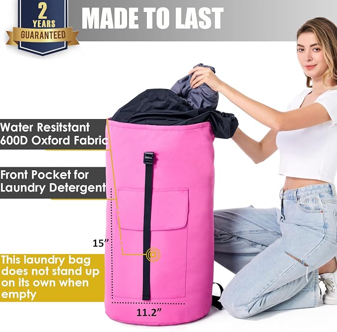 Backpack Laundry Bag, 115L Heavy Duty Extra Large College Laundry Backpack, Dirty Clothes Bag with Shoulder Straps, Laundry Hamper Bag with Drawstring Closure for College Dorm, Apartment Pink