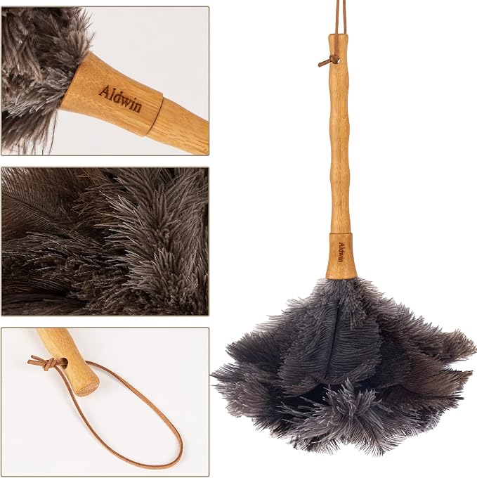 Aldwin 16" Gray Ostrich Feather Duster for Cleaning with Wooden Handle | Genuine Natural Fluffy Ostrich Feather Handheld Duster, Reusable and Washable, Cleaning Supplies for Home, Car, Office, Desk