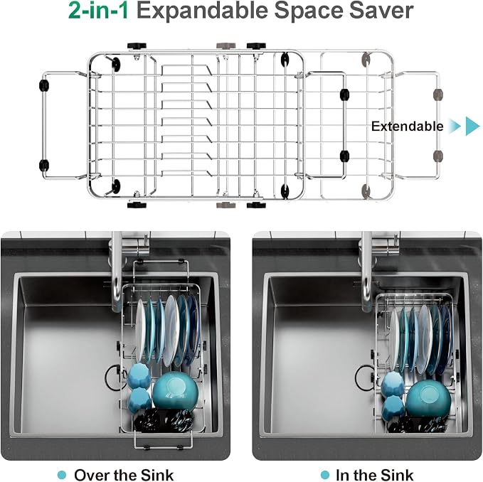 GSlife Small Over the Sink Dish Drying Rack - 9" W Expandable Stainless Steel Compact Dish Drainer for RV, Apartment, Camper, Kitchen, Dish Strainer with Lock Knob, Silver