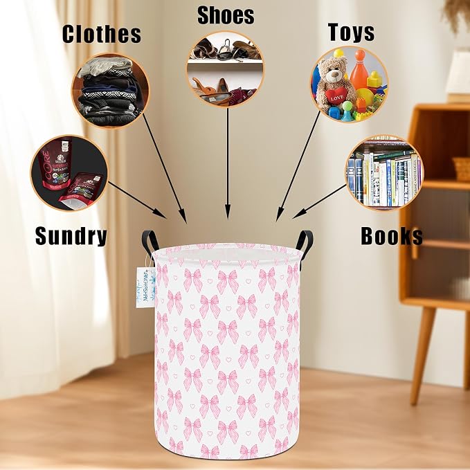 Round Laundry Basket Collapsible Storage Hamper Pink Bowknot | Waterproof Canvas Foldable Baskets with sturdy Handles Multi-scene Organizer for Home Play Bedroom Gift Bin
