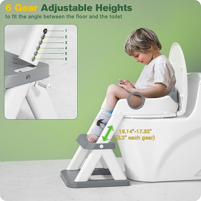 Potty Training Seat, Toddler Toilet Seat for Kids Boys Girls, 2 in1 Potty Training Toilet with Step Stool, 6 Adjustable Height, Splash Guard, Stable Triangular Anti-Slip Design(Grey)