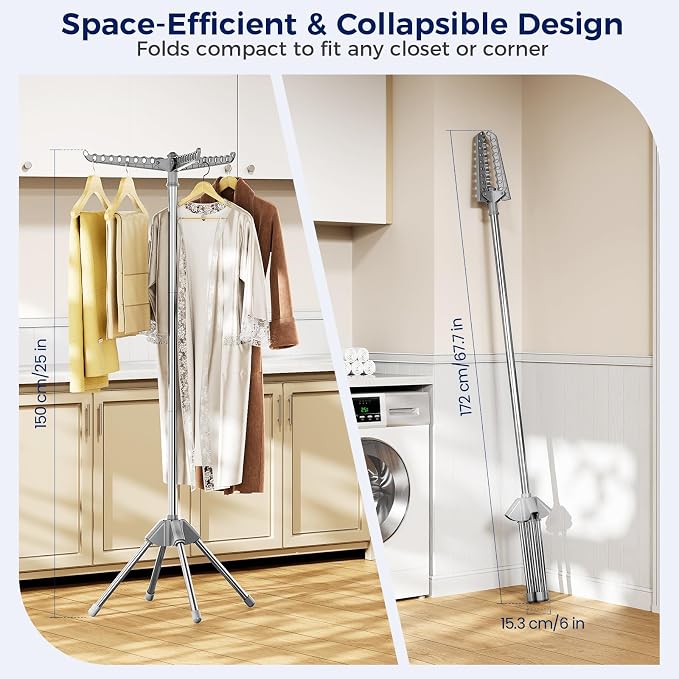KINGBOARD Clothes Drying Rack, 59" H Laundry Drying Rack, 3 Rotatable Arms | 360° Rotatable Arms, 27 Hanger Holes, Stainless Steel, Tool-Free Setup, Portable for Travel & Small Home, Indoor, 27lbs Hold