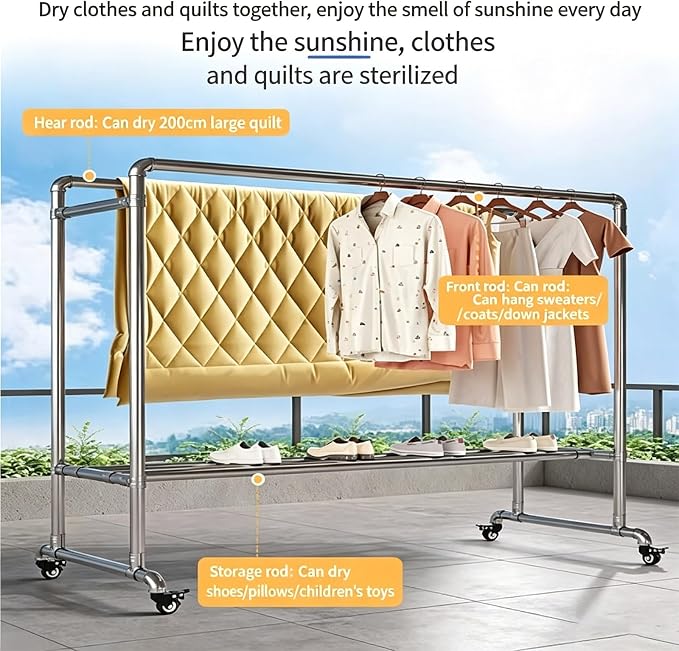 Heavy-Duty Stainless Steel Clothing Rack, Freestanding Drying Rack with Storage Shelves and Windproof Hooks, Multi-Purpose Garment Hanger Stand for Indoor and Outdoor Use.