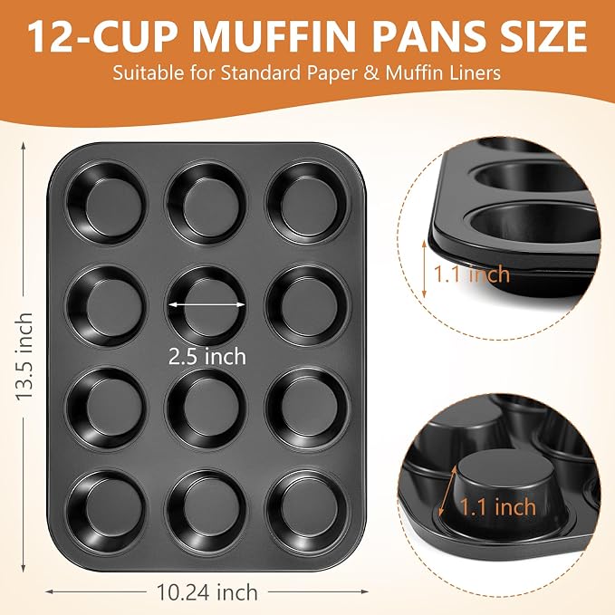 Domensi 4 Pcs Muffin Pan 12 Cup Carbon Steel Cupcake Baking Pan Nonstick Tin Tray for Standard Muffins, Brownie, Tart, Quiche, Heavy Duty Bakeware Set, Oven & Dishwasher Safe