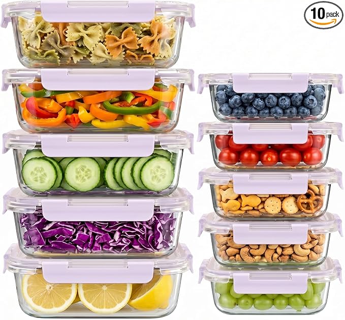 Dealusy 10 Sets (20-Piece) 36 oz & 12 oz Glass Food Storage Containers with lids, Airtight Leak-proof Glass Meal Prep Containers with Lids, Microwave Oven Freezer Dishwasher Safe, Purple