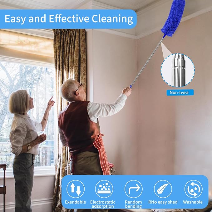 Duster with Extension Pole - Royal Blue | 6-in-1 Kit Dusters for Cleaning, Extendable Duster with 100 Inches, Microfiber Dusters for Ceiling Fans, Furniture, Blinds