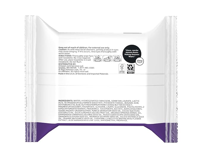Amazon Basics Makeup Remover Wipes, Night Calming, Gentle Cleansing, Plant Based, Alcohol-Free, Removes Waterproof Mascara, Dermatologist Tested, 25 Count, 1-Pack