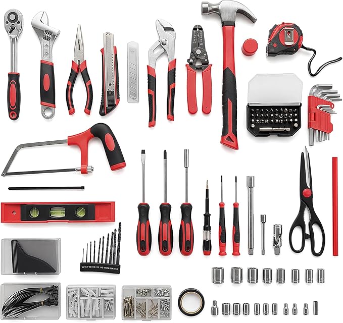 NEWBULIG 330-Piece Complete Tool Box Set, Durable Homeowners Tool Kit with Pull-Out Drawer, Versatile Home Repair Kit for Auto & Household, DIY Projects, Black-Red