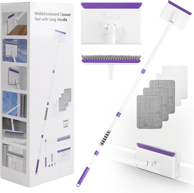 Baseboard Cleaner Tool with 60" Extendable Handle, 5 Reusable Pads | Microfiber & Chenille Pads, Dust-Locking Design, Safe On Walls And Moldings, Reaches Corners And Under Furniture