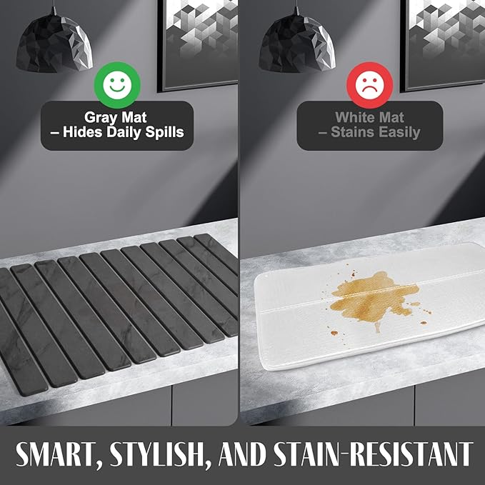 2 PCS Extra Large Stone Dish Drying Mat for Kitchen Counter, 28"×16" Marble Dish Drying Mat with 8"x 4" Coasters, Non - Slip Collapsible Absorbent Mat for Multi - Purpose, Match Any Countertop【Gray】