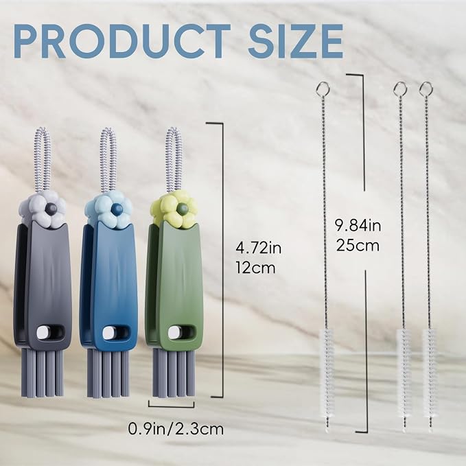 6 Pack Cup Lid Cleaning Brush Set with 3 Straws, Multifunctional Bottle Brush, Cup Lid Gap Cleaner, Durable Bristle Crevice Cleaning Brush,Flat End Brushes