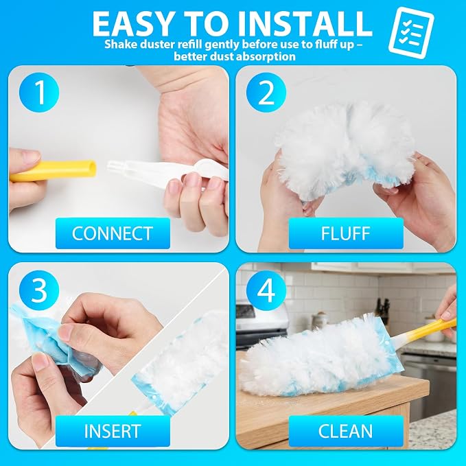 60 Count Larger Size Duster Refills for Swiffer Dusters with 1 Handle | Multi-Surface Feather Microfiber Duster Disposable Alternative, Heavy Duty Cleaning Kit for Home, Furniture, Blinds and Vent