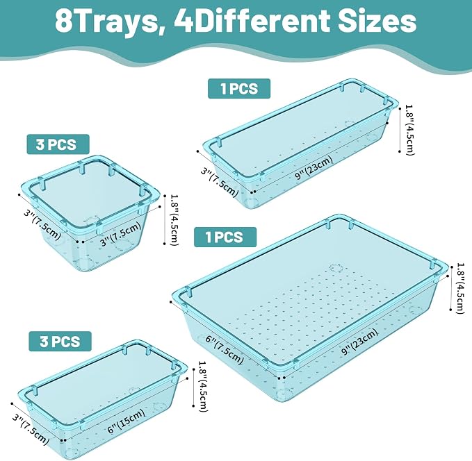 WOWBOX 8 PCS Plastic Drawer Organizer Set, 4 Sizes Desk Drawer Organization and Storage Containers for Makeup, Cosmetics, Jewelry and Gadgets in Kitchen, Bathroom, Bedroom, Office, Clear Sea Blue
