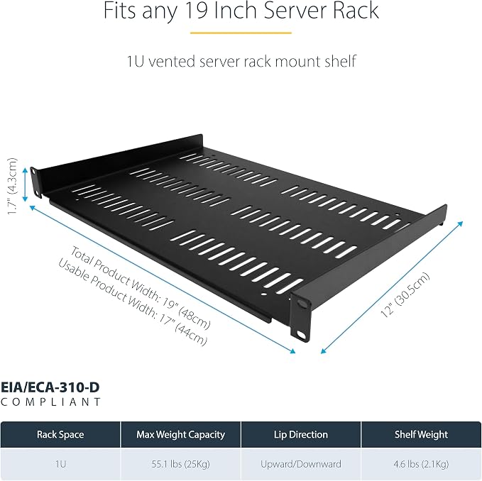 StarTech 1U Vented Cantilever Shelf, 12in, 55lb, 25kg (SHELF-1U-12-FIXED-V) | Universal 19in EIA-310 fit, 30.5cm depth, 2.0mm SPCC steel, Network equipment rack, Cabinet, Tray