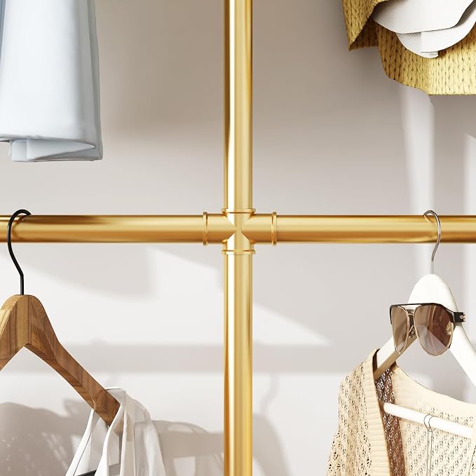 Industrial Pipe Clothing Rack, Heavy Duty Metal Clothes Rack with Double Rods for Hanging Clothes, Wall Mount Space-Saving Garment Display Rack (Three, Gold)