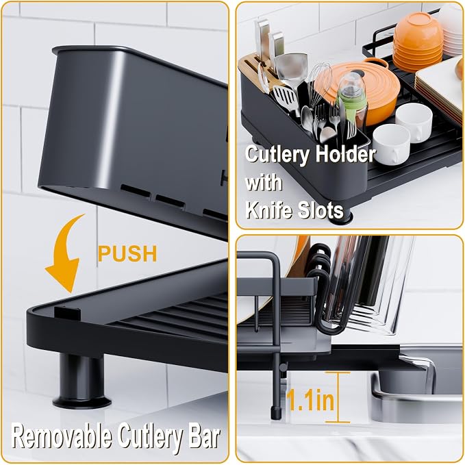 Large Dish Drying Rack - Expandable Dish Drying Rack with Utensil Holder & Cup Holder,Auto-Drain Multifunctional Dish Racks for Kitchen Counter with Drainage,Black