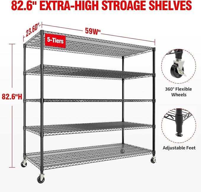 Garvee 3300LBS Storage Shelves 5 Tier Metal Shelving with Wheels, 82" H | 23.6"D,Heavy Duty, Wire Shelving Rack, Adjustable, Shelf Organizers for Garage Kitchen Pantry, Tool-Free Assembly, Black
