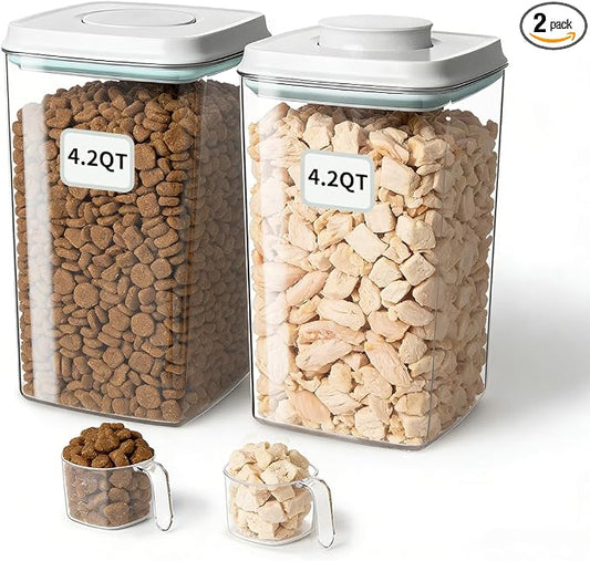 Dog Food Storage Containers Set with One-Touch Lid, (2 × 4.22 QT / 4.0 L) BPA-Free Cat Food Storage Container，Stackable Durable PET with 130ml Scoop, for Kibble & Treats Organization
