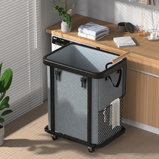 Laundry Hamper with Lid,Leather Patchwork Laundry Basket with Wheels Grey | 150L Rolling Laundry Basket with Bag & Handles,Laundry Basket Organizer for Laundry Room,and Bathroom,Laundry Room