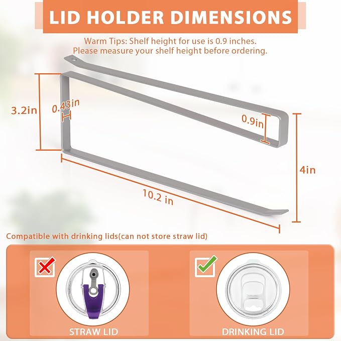 2 Pack Tumbler Lid Organizer, Versatile Tumbler Storage Holds 20 Lids Grey | Space Saving Cup Lid Organizers Inside Cabinet Tumbler Lid Hook for Kitchen Organizer and Storage, Paper Towel Rack Hanger