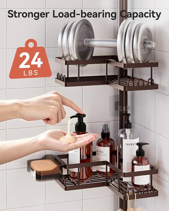 YASONIC Corner Shower Caddy Tension Pole, 25.7-109.1in Adjustable Shower Shelves, Rust-Resistant Shower Organizer, No-Drill 3-Step Installation, Bathroom Shelves for Renters & Family, Bronze