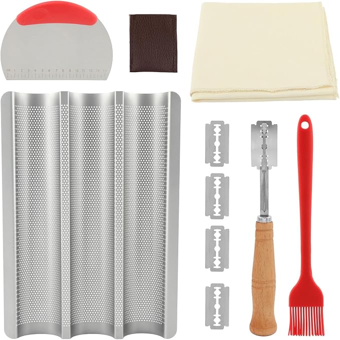 Baguette Bread Pan, Nonstick Baguette Pan for French Loaf Baking with Dough Scraper, Pastry Brush, Bread Lame, Replacement Blades, Banneton Cloth for Sourdough, Artisan Bake Baking