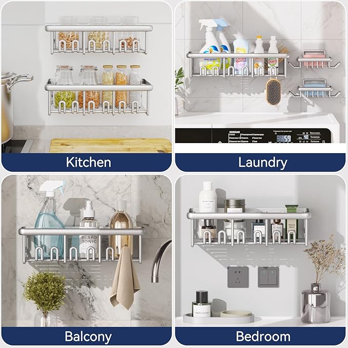 8 Pack Adhesive Rustproof Shower Caddy with Soap Dishes, Toothbrush Holder & Hooks, Large Capacity No-Drilling Shower Shelves Rack for Bathroom Organizers and Storage Accessories, Silver