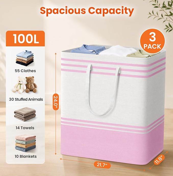 TranquilRelax 3-Pack Laundry Basket, Laundry Hamper, Pink-100L | Freestanding＆Water-Resistant Laundry Hamper, Collapsible Tall Clothes Hamper with Carry Handles for Clothes, Laundry Basket
