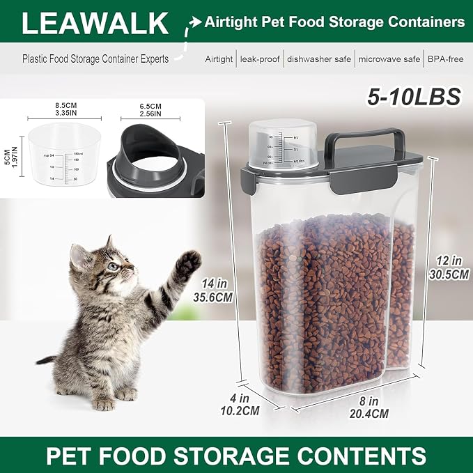 LEAWALK 5Lbs /6Qt/5l Airtight Cat Dog Food Storage With Upgraded Large Nozzle BPA-Free, Pet Food Storage Containers For Rice, Grain, Pet Food,Flour, Dog Treat Storage-2pack Dark Gray
