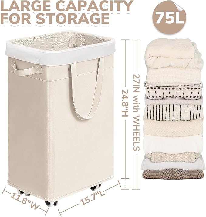 CHICVITA 75L Slim Collapsible Laundry Basket with Wheels & Wash Bag, Ivory | Removable wash bag, slim design for bedroom, laundry room, college dorm. Rolling clothes hamper for dirty laundry
