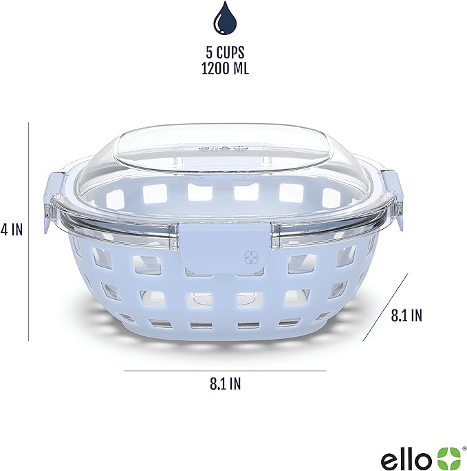 Ello DuraGlass Food Storage Glass Lunch Bowl Container - Meal Prep Container with Silicone Sleeve and Airtight Lid, 5 Cup, Blue