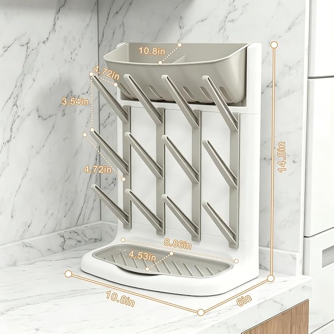 GoMaihe Baby Bottle Drying Rack: Space Saving Vertical Bottle Dryer Holder | The Large Top Compartment Storage Stand Organize Brushes Pacifiers on Countertop - BPA-Free - Gray