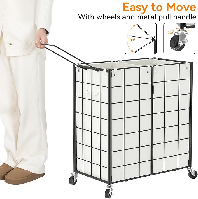 WOWLIVE Double Laundry Hamper with Wheels, Metal Rolling Laundry Basket | Wire Frame Hamper with 2 Removable Bags, 120L Dirty Clothes Hamper Organizer Dorm Room Storage for Bedroom, Black and White