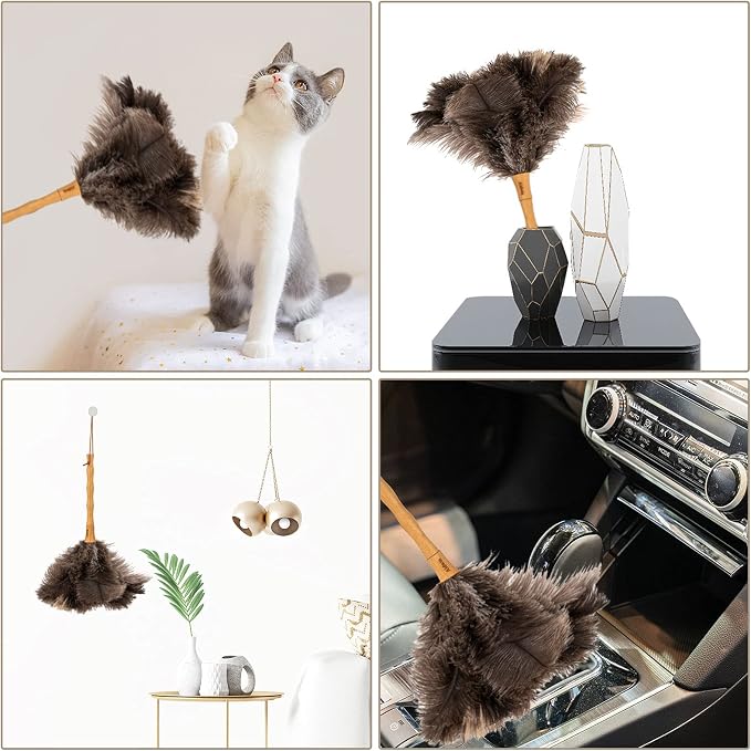 Aldwin 16" Gray Ostrich Feather Duster for Cleaning with Wooden Handle | Genuine Natural Fluffy Ostrich Feather Handheld Duster, Reusable and Washable, Cleaning Supplies for Home, Car, Office, Desk