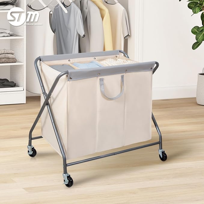 STORAGE MANIAC 160L Collapsible Laundry Hamper with Wheels, Rolling Laundry Basket, Heavy Duty Cloth Sorter with Removable Bag, Folding X Frame Clothes Organizer Cart for Easy to Store, 3 Section