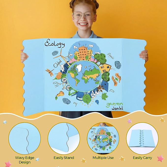 Mooliwe 4 Pack 21" x 14" Colored Trifold Poster Board, Mini Foldable Corrugated Presentation Display Board with Scalloped Border for Science Fair Events, School Projects, Back to School Supplies