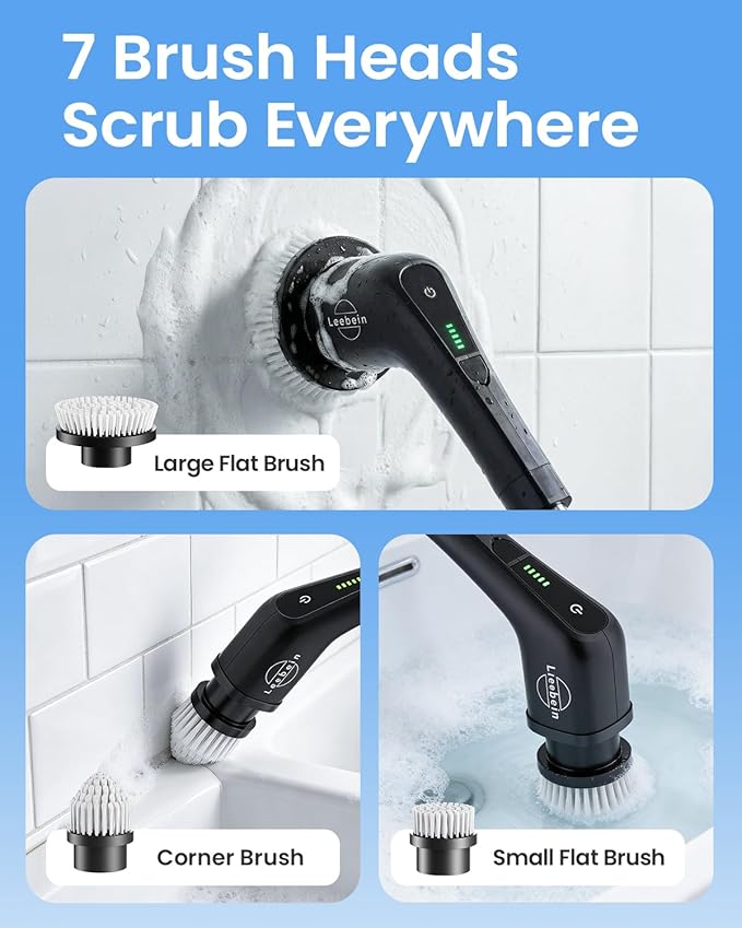 Leebein Electric Spin Scrubber, Cordless Cleaning Brush with 8 Replaceable Brush Heads, Tub and Floor Tile Power Scrubber Dual Speed with Adjustable & Detachable Handle for Bathroom Tub (All Black)