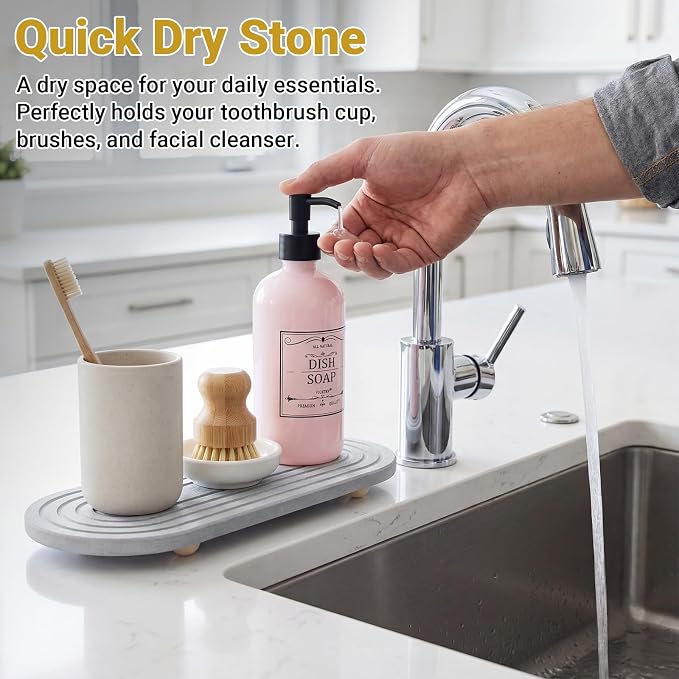 2PCs Instant Dry Stone Sink Tray, 11.8x3.9 Water Absorbing Diatomite Stone Tray for Sink with Wooden Feet, Sink Caddy Stone, Kitchen Sink Organizer (Light Grey)