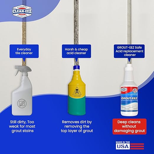 Clean-eez Grout-eez Tile Cleaner with Stand-Up Brush Head – Heavy-Duty Stain Remover for Ceramic and Porcelain Floors – Safe for Colored Grout – Not for Natural Stone – Pole Not Included - 32 oz