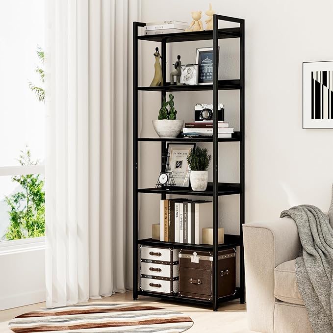 NUMENN Bookshelf, 6 Tier Freestanding Shelving Unit, Black | Metal Frame & Wood Shelves, Falling Prevention Baffle, Open Storage Bookcase for Bedroom, Living Room & Home Office