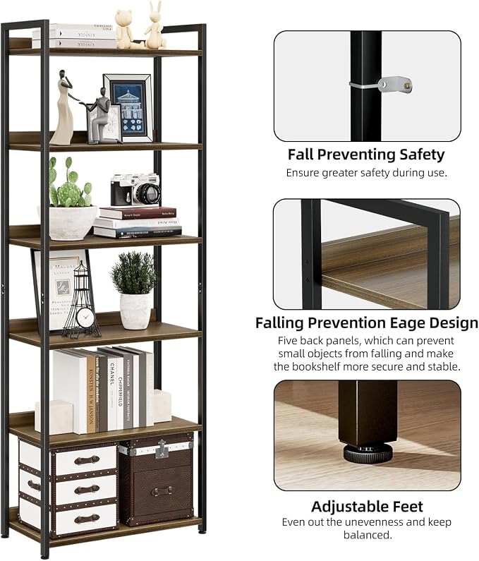 NUMENN Bookshelf, 6 Tier Freestanding Shelving Unit, Dark Walnut | Metal Frame & Wood Shelves, Falling Prevention Baffle, Open Storage Bookcase for Bedroom, Living Room & Home Office