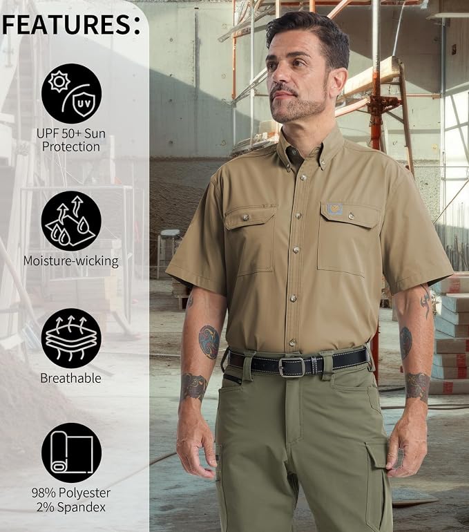 Mens Regular Fit Work Utility Shirt Midweight Short Sleeve Work Wear | Midweight stretch work shirt with reflective trim, 2 secure chest pockets, moisture-wicking comfort, easy-care fabric